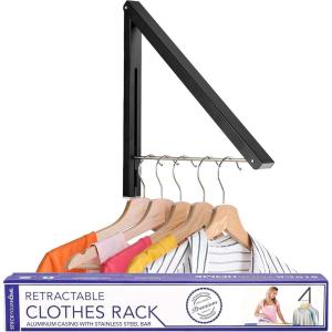 Single Foldable Clothing Rack, Wall-Mounted Retractable Clothes Hanger for Laundry Dryer Room, Hanging Drying Rod, Small Collapsible Folding Garment Racks, Dorm Accessories (Chrome)(Black)