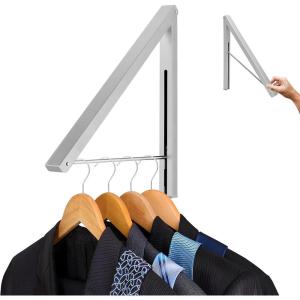 Single Foldable Clothing Rack, Wall-Mounted Retractable Clothes Hanger for Laundry Dryer Room, Hanging Drying Rod, Small Collapsible Folding Garment Racks, Dorm Accessories (Chrome)(Chrome)