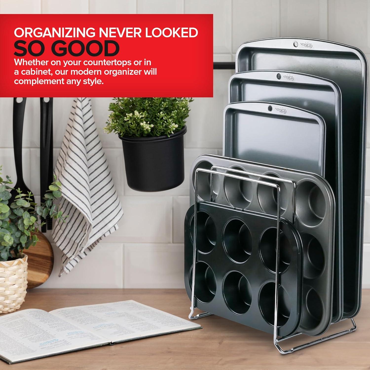 imageStock Your Home Chrome 2 Pack Extra Tall Steel Baking Pan Organizer Rack for Cabinet Storage or Kitchen Counter Cookie Baking Sheet Organizer with Dividers Muffin Tin and Cutting Board HolderChrome