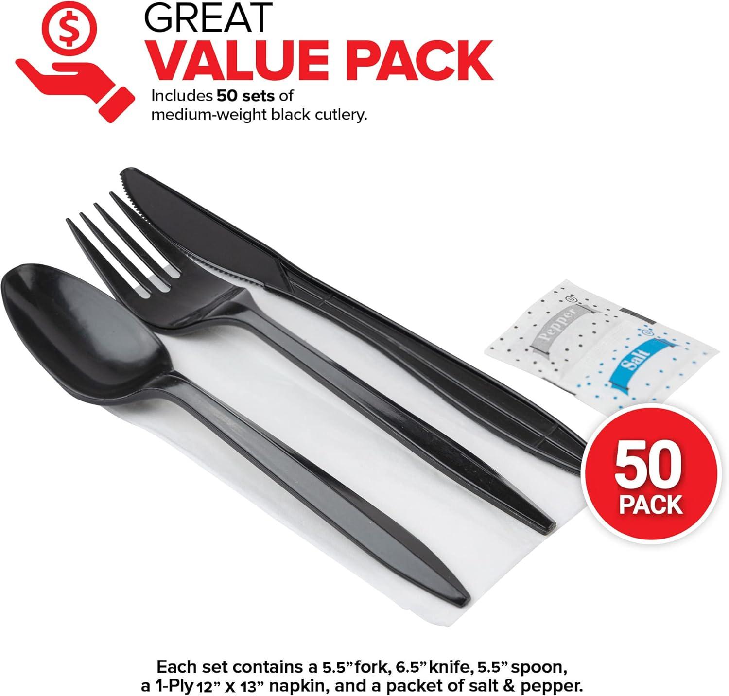 imageIndividually Wrapped Plastic Cutlery Set with Napkin Salt amp Pepper Packets in Black 50 Count Prewrapped Disposable Silverware Bags Bulk Utensils Fork Knife and Spoon for Togo EatingBlack
