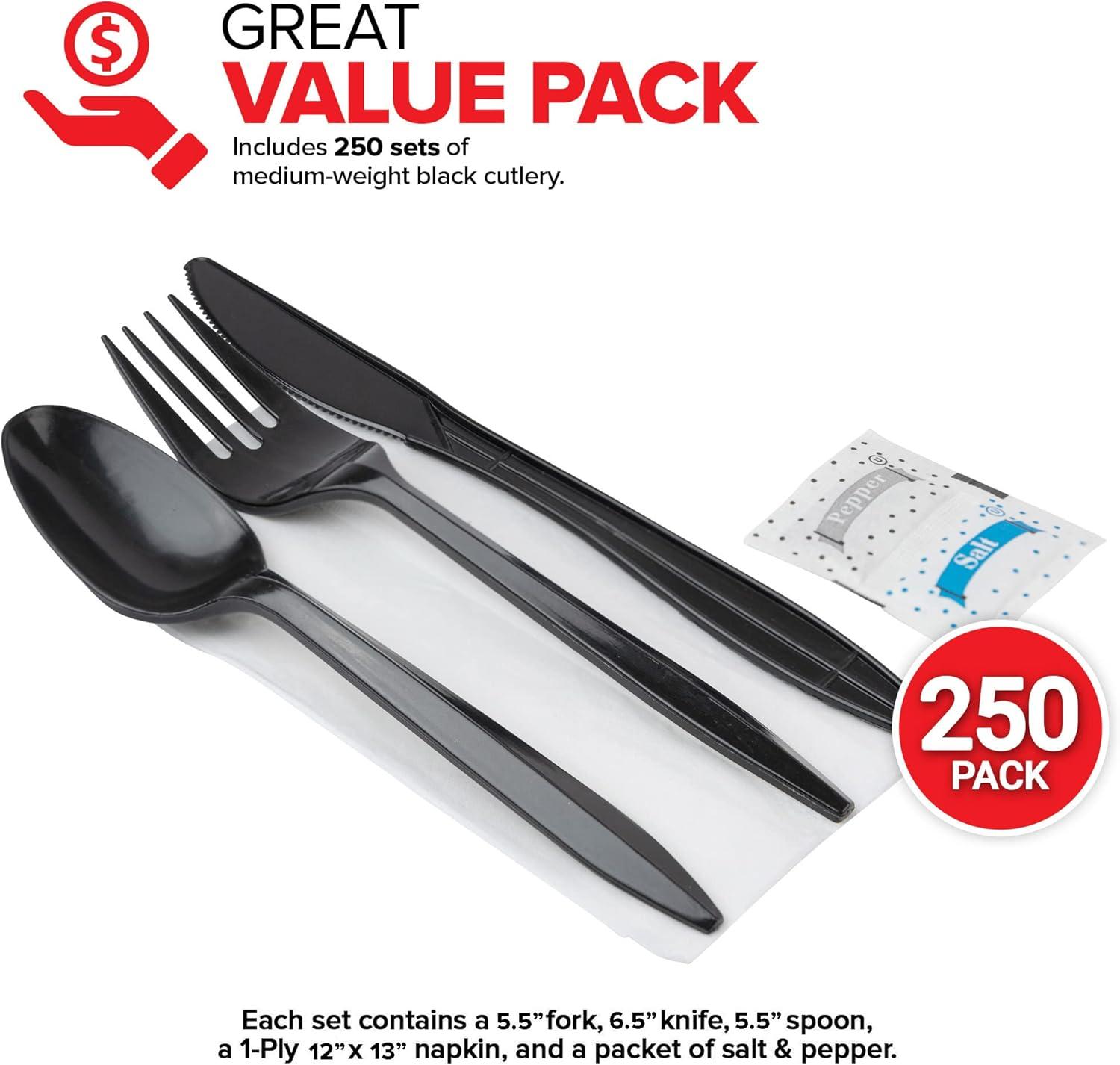 imageIndividually Wrapped Plastic Cutlery Set with Napkin Salt amp Pepper Packets in Black 50 Count Prewrapped Disposable Silverware Bags Bulk Utensils Fork Knife and Spoon for Togo EatingBlack