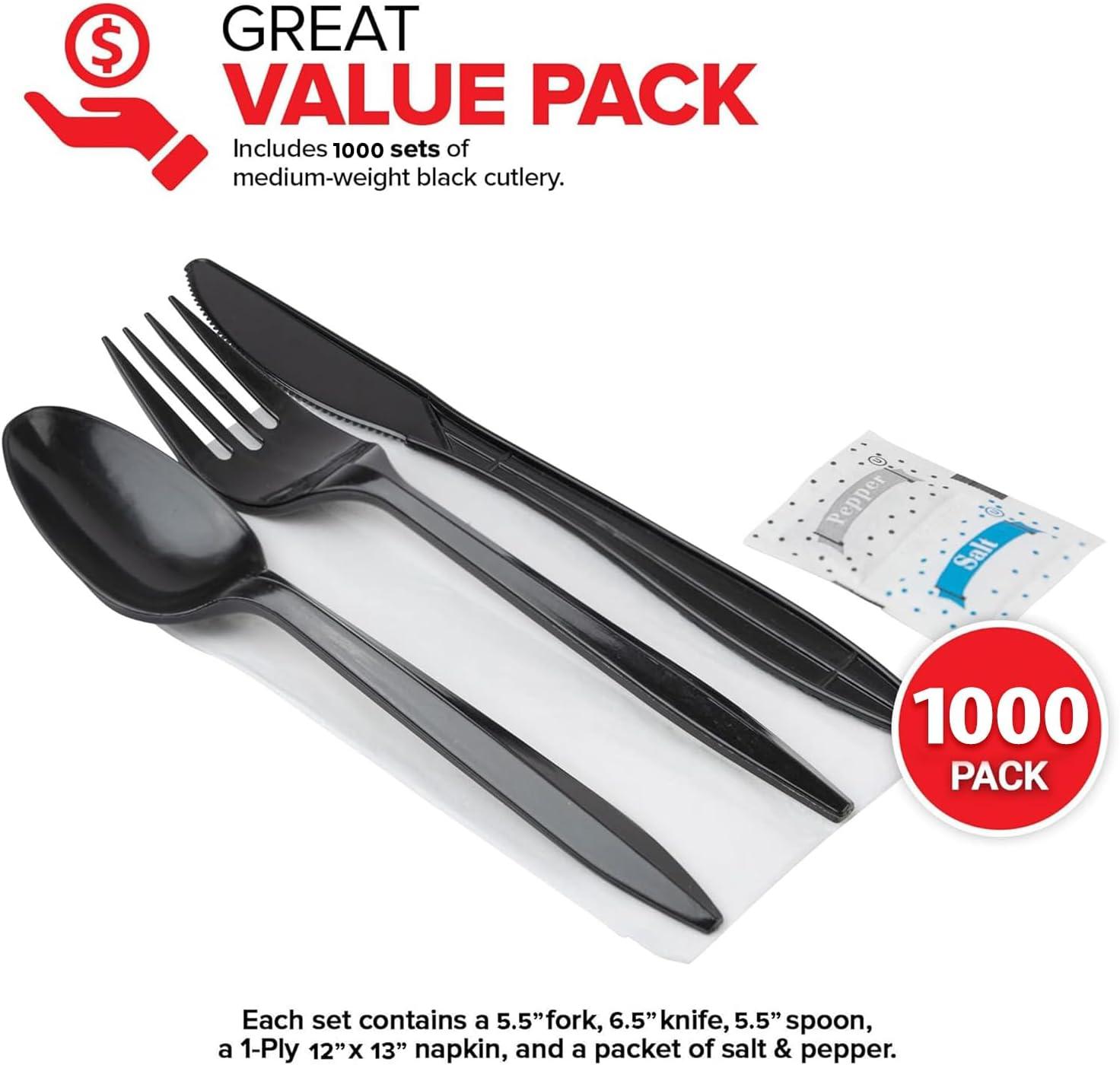 imageIndividually Wrapped Plastic Cutlery Set with Napkin Salt amp Pepper Packets in Black 50 Count Prewrapped Disposable Silverware Bags Bulk Utensils Fork Knife and Spoon for Togo EatingBlack