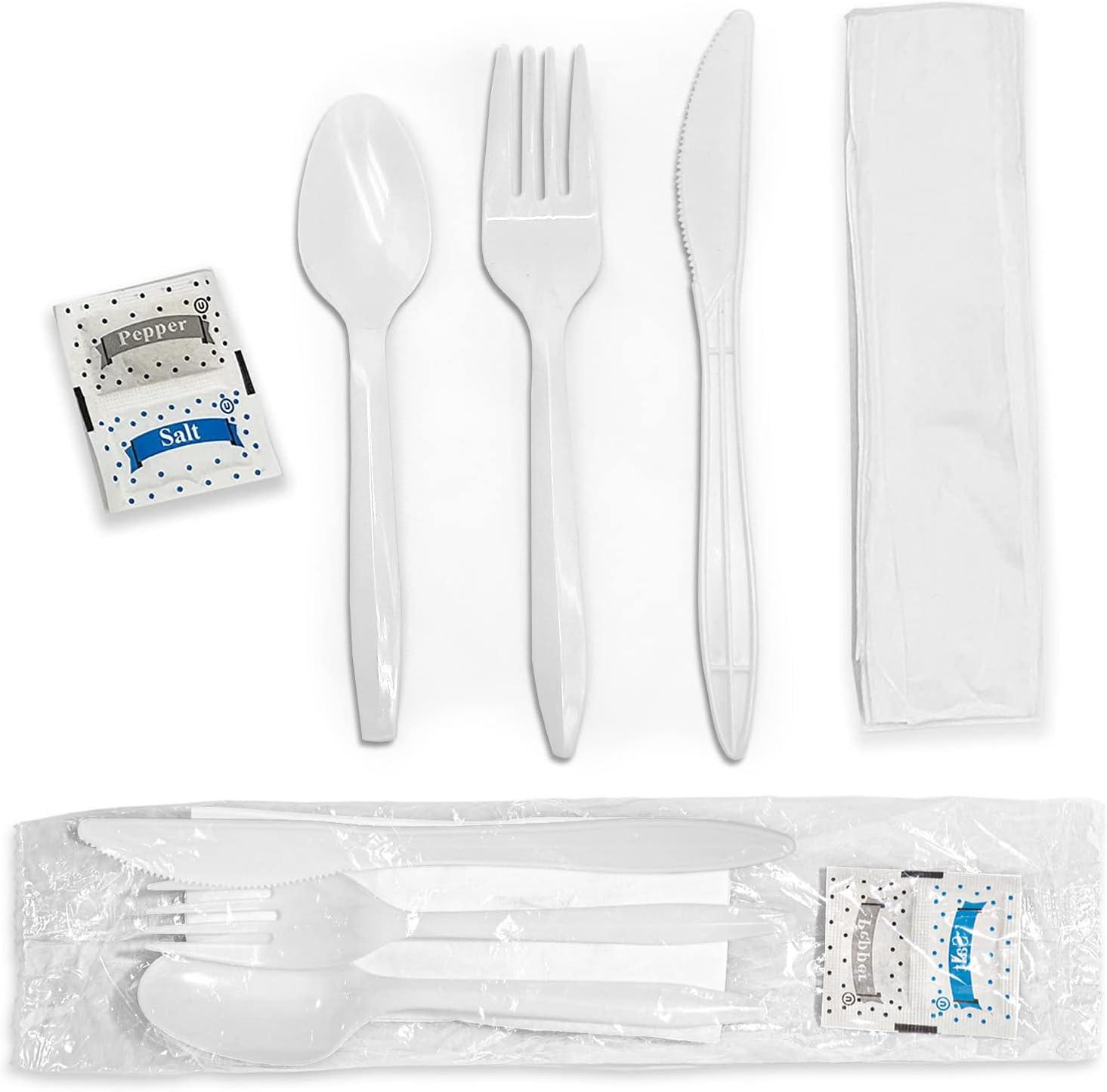 imageIndividually Wrapped Plastic Cutlery Set with Napkin Salt amp Pepper Packets in Black 50 Count Prewrapped Disposable Silverware Bags Bulk Utensils Fork Knife and Spoon for Togo EatingWhite