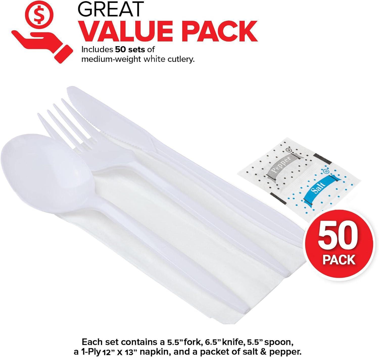 imageIndividually Wrapped Plastic Cutlery Set with Napkin Salt amp Pepper Packets in Black 50 Count Prewrapped Disposable Silverware Bags Bulk Utensils Fork Knife and Spoon for Togo EatingWhite