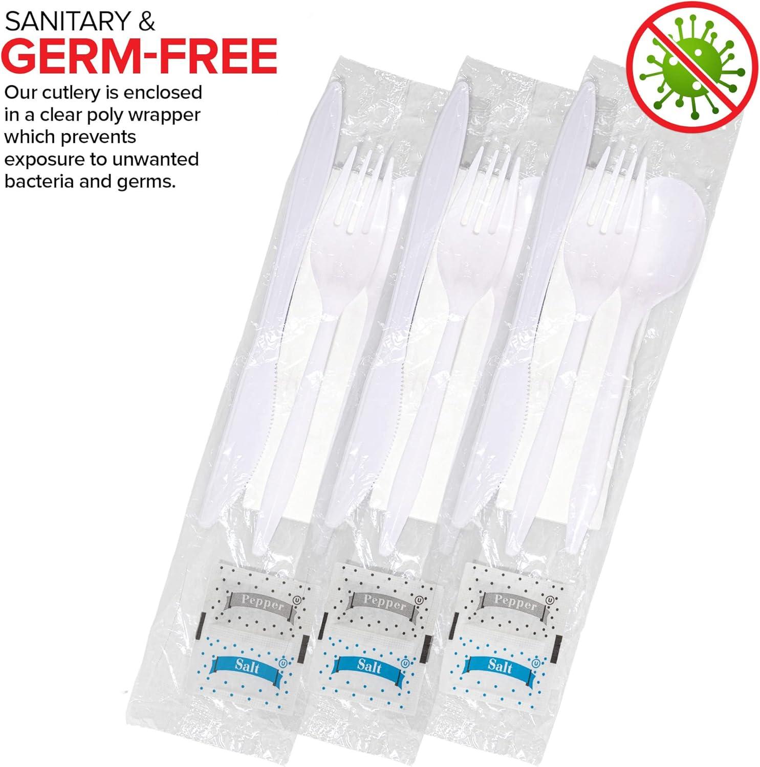 imageIndividually Wrapped Plastic Cutlery Set with Napkin Salt amp Pepper Packets in Black 50 Count Prewrapped Disposable Silverware Bags Bulk Utensils Fork Knife and Spoon for Togo EatingWhite
