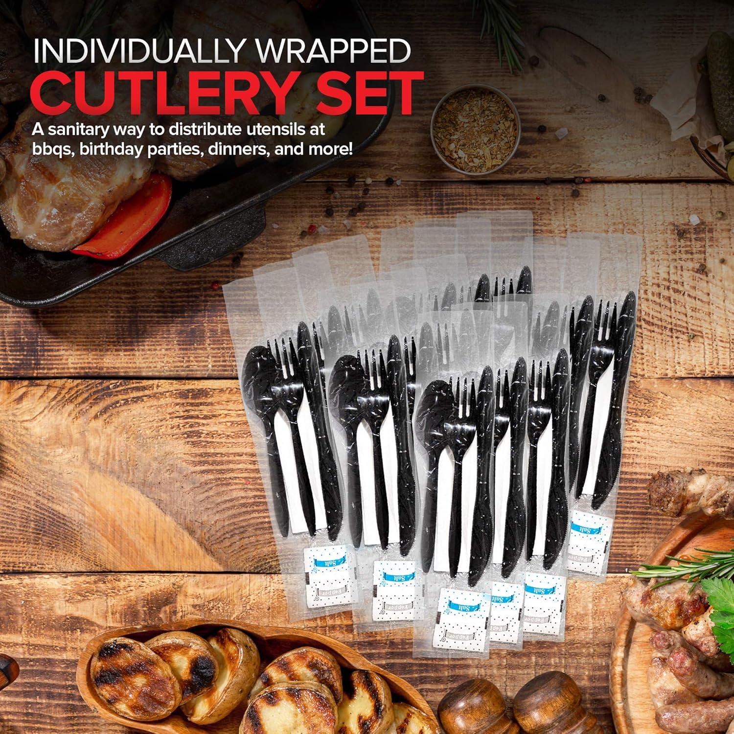 imageIndividually Wrapped Plastic Cutlery Set with Napkin Salt amp Pepper Packets in Black 50 Count Prewrapped Disposable Silverware Bags Bulk Utensils Fork Knife and Spoon for Togo EatingBlack