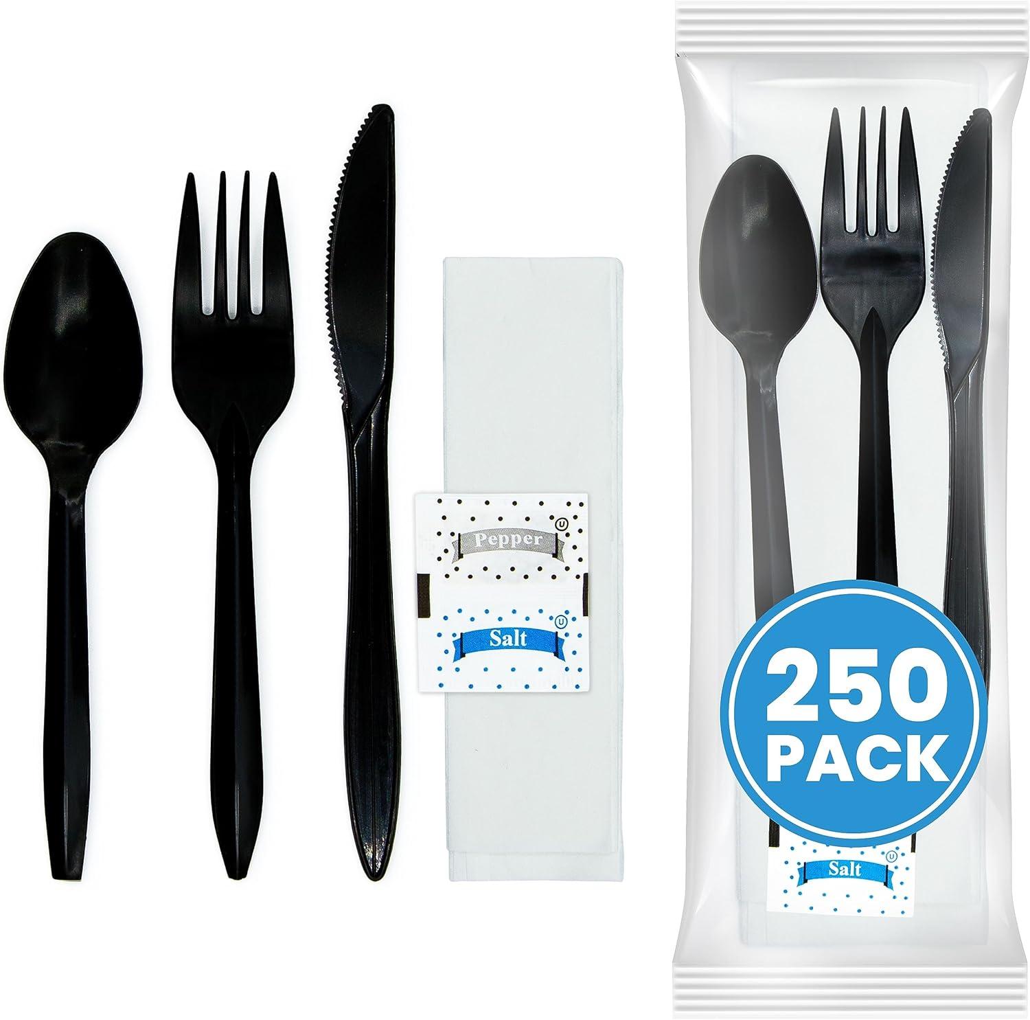 imageIndividually Wrapped Plastic Cutlery Set with Napkin Salt amp Pepper Packets in Black 50 Count Prewrapped Disposable Silverware Bags Bulk Utensils Fork Knife and Spoon for Togo EatingBlack