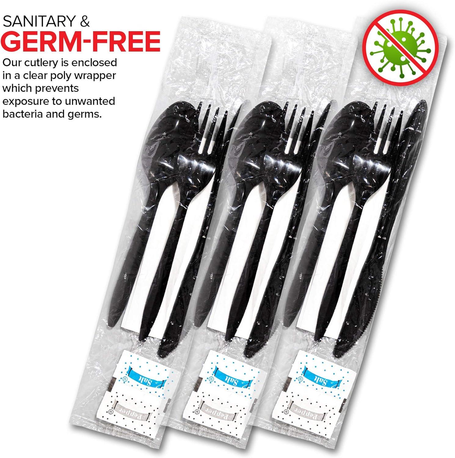 imageIndividually Wrapped Plastic Cutlery Set with Napkin Salt amp Pepper Packets in Black 50 Count Prewrapped Disposable Silverware Bags Bulk Utensils Fork Knife and Spoon for Togo EatingBlack