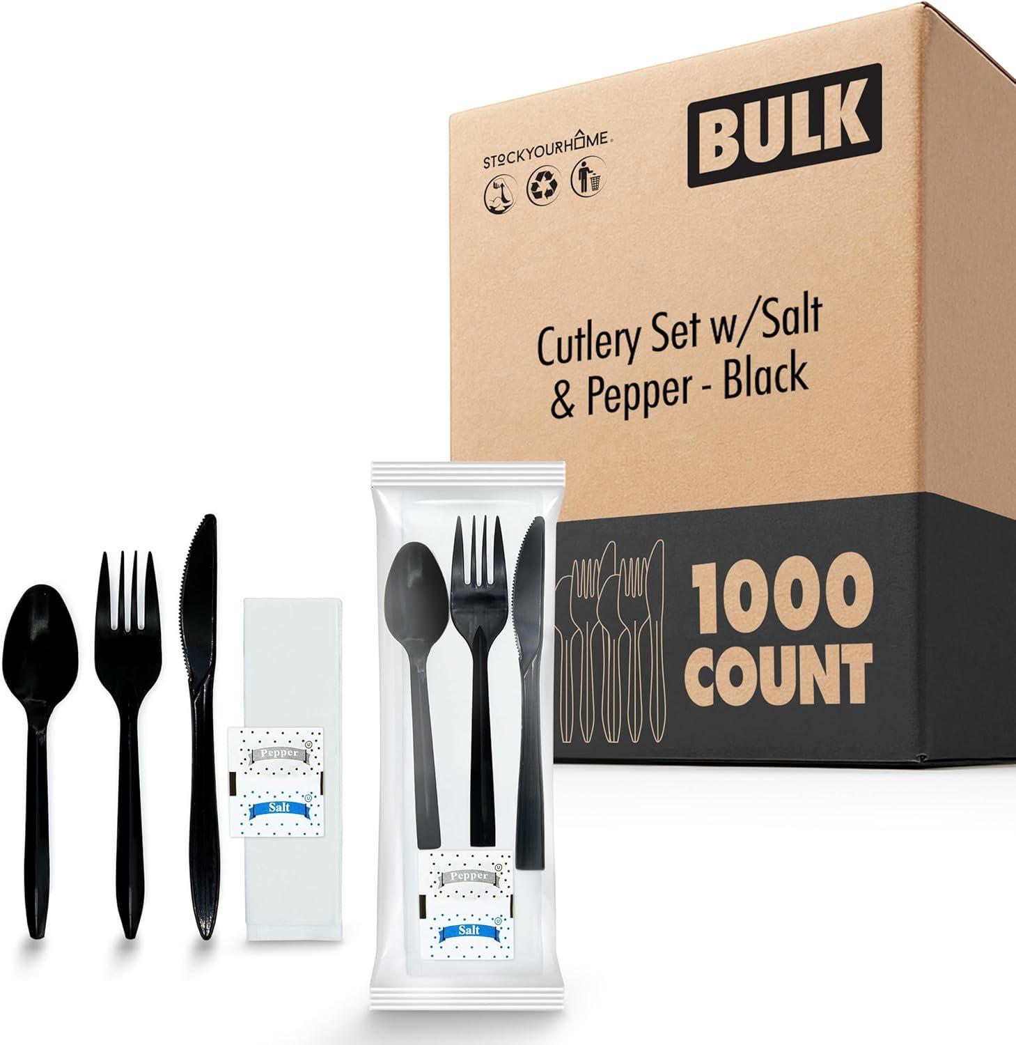 imageIndividually Wrapped Plastic Cutlery Set with Napkin Salt amp Pepper Packets in Black 50 Count Prewrapped Disposable Silverware Bags Bulk Utensils Fork Knife and Spoon for Togo EatingBlack