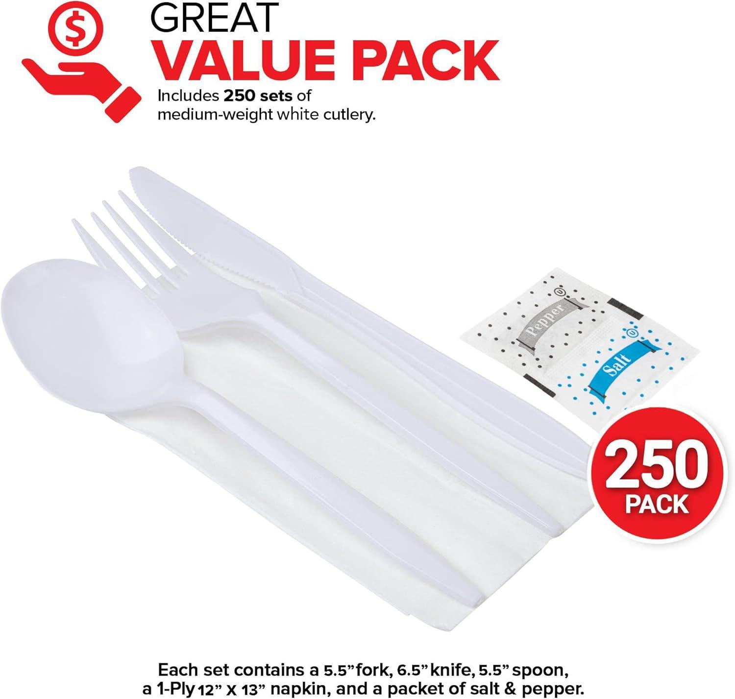 imageIndividually Wrapped Plastic Cutlery Set with Napkin Salt amp Pepper Packets in Black 50 Count Prewrapped Disposable Silverware Bags Bulk Utensils Fork Knife and Spoon for Togo EatingWhite