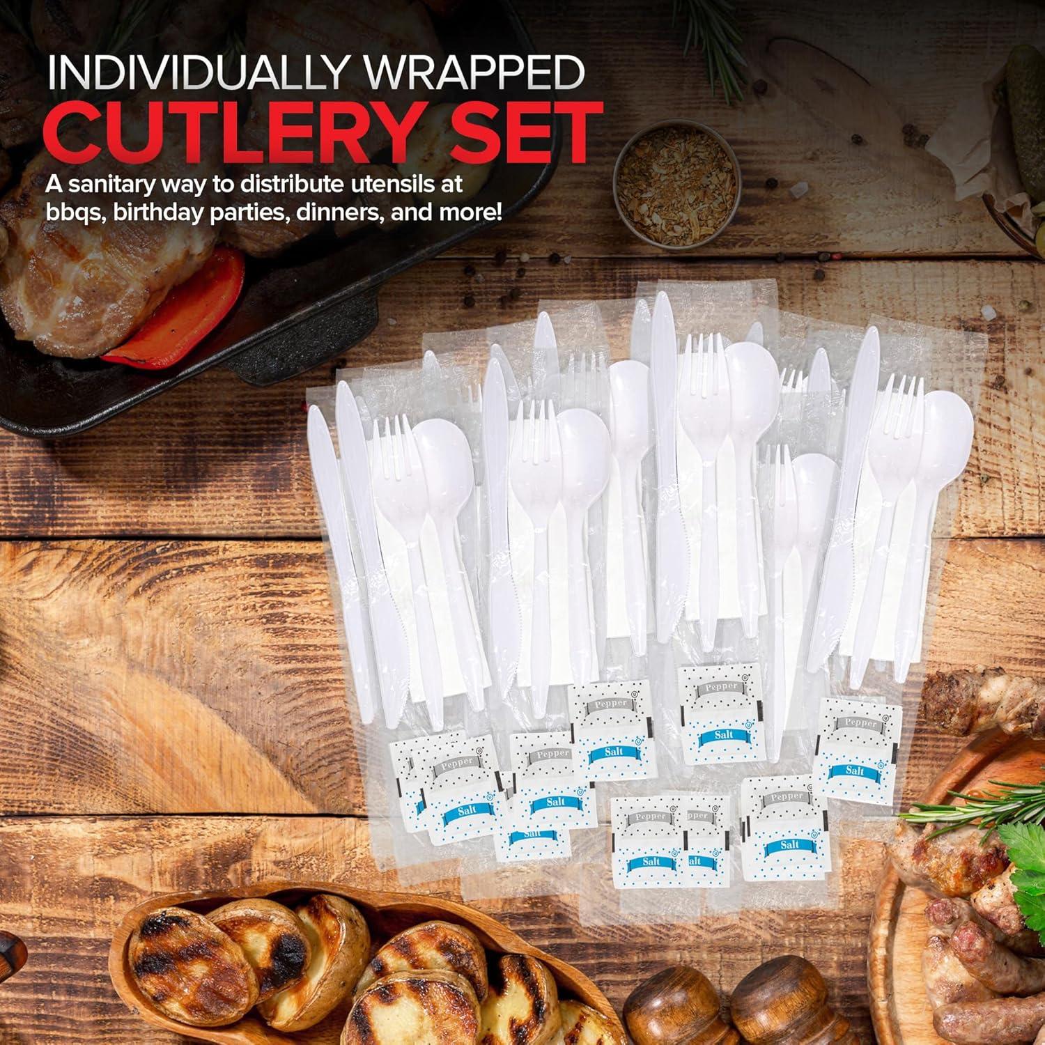 imageIndividually Wrapped Plastic Cutlery Set with Napkin Salt amp Pepper Packets in Black 50 Count Prewrapped Disposable Silverware Bags Bulk Utensils Fork Knife and Spoon for Togo EatingWhite