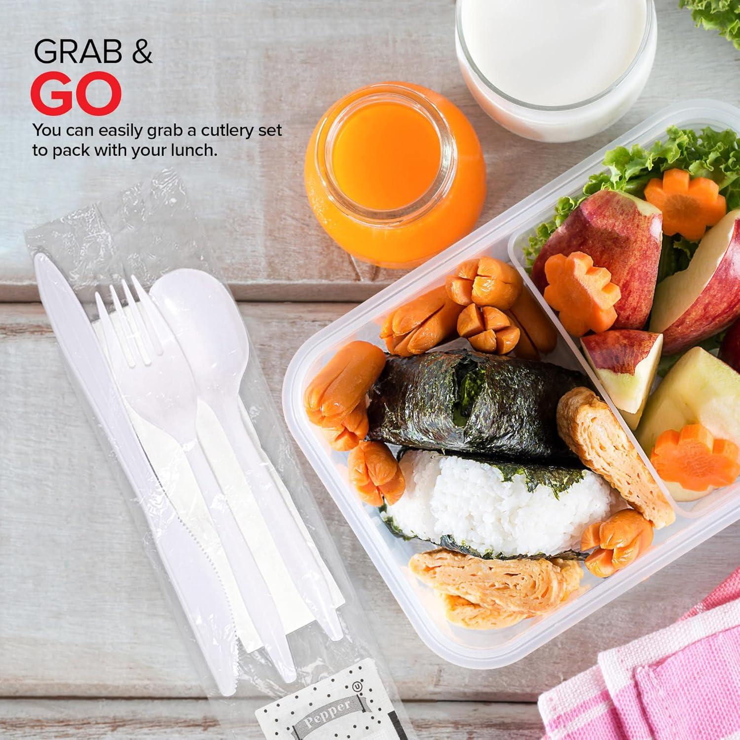 imageIndividually Wrapped Plastic Cutlery Set with Napkin Salt amp Pepper Packets in Black 50 Count Prewrapped Disposable Silverware Bags Bulk Utensils Fork Knife and Spoon for Togo EatingWhite