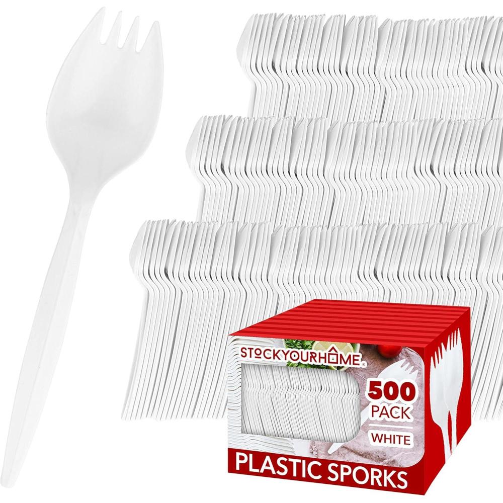 imageDisposable Sporks 500 Pack White Plastic Sporks BPA Free Kid Safe 2 in 1 Utensils Heavy Weight Fork Spoon for School Lunch Picnics Catering Restaurants Kids Birthday Party Stock Your Home500 Pack