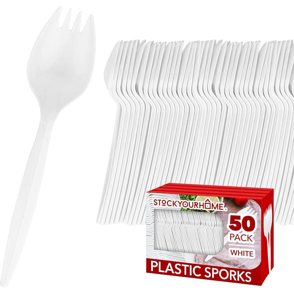 imageDisposable Sporks 500 Pack White Plastic Sporks BPA Free Kid Safe 2 in 1 Utensils Heavy Weight Fork Spoon for School Lunch Picnics Catering Restaurants Kids Birthday Party Stock Your Home50 Pack