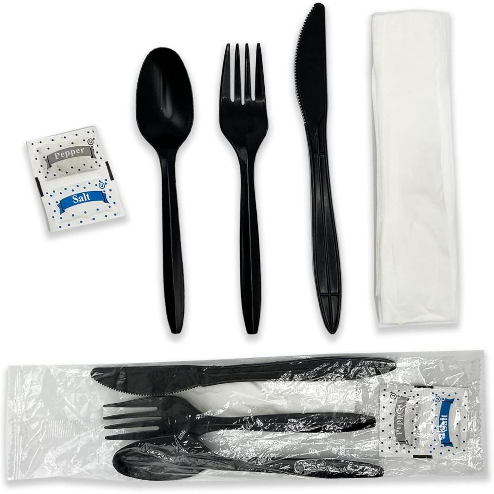 imageIndividually Wrapped Plastic Cutlery Set with Napkin Salt amp Pepper Packets in Black 50 Count Prewrapped Disposable Silverware Bags Bulk Utensils Fork Knife and Spoon for Togo EatingBlack