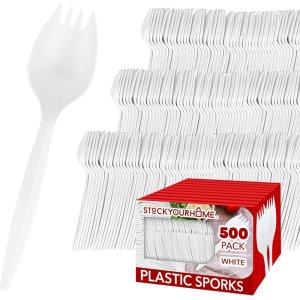 Disposable Sporks (500 Pack) White Plastic Sporks – BPA Free Kid Safe 2 in 1 Utensils – Heavy Weight Fork Spoon for School Lunch, Picnics, Catering, Restaurants, Kids Birthday Party – Stock Your Home(500 Pack)