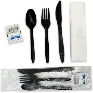 Individually Wrapped Plastic Cutlery Set with Napkin + Salt & Pepper Packets in Black (50 Count) Prewrapped Disposable Silverware Bags, Bulk Utensils: Fork, Knife, and Spoon for Togo Eating(Black)