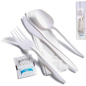 Individually Wrapped Plastic Cutlery Set with Napkin + Salt & Pepper Packets in Black (50 Count) Prewrapped Disposable Silverware Bags, Bulk Utensils: Fork, Knife, and Spoon for Togo Eating(White)