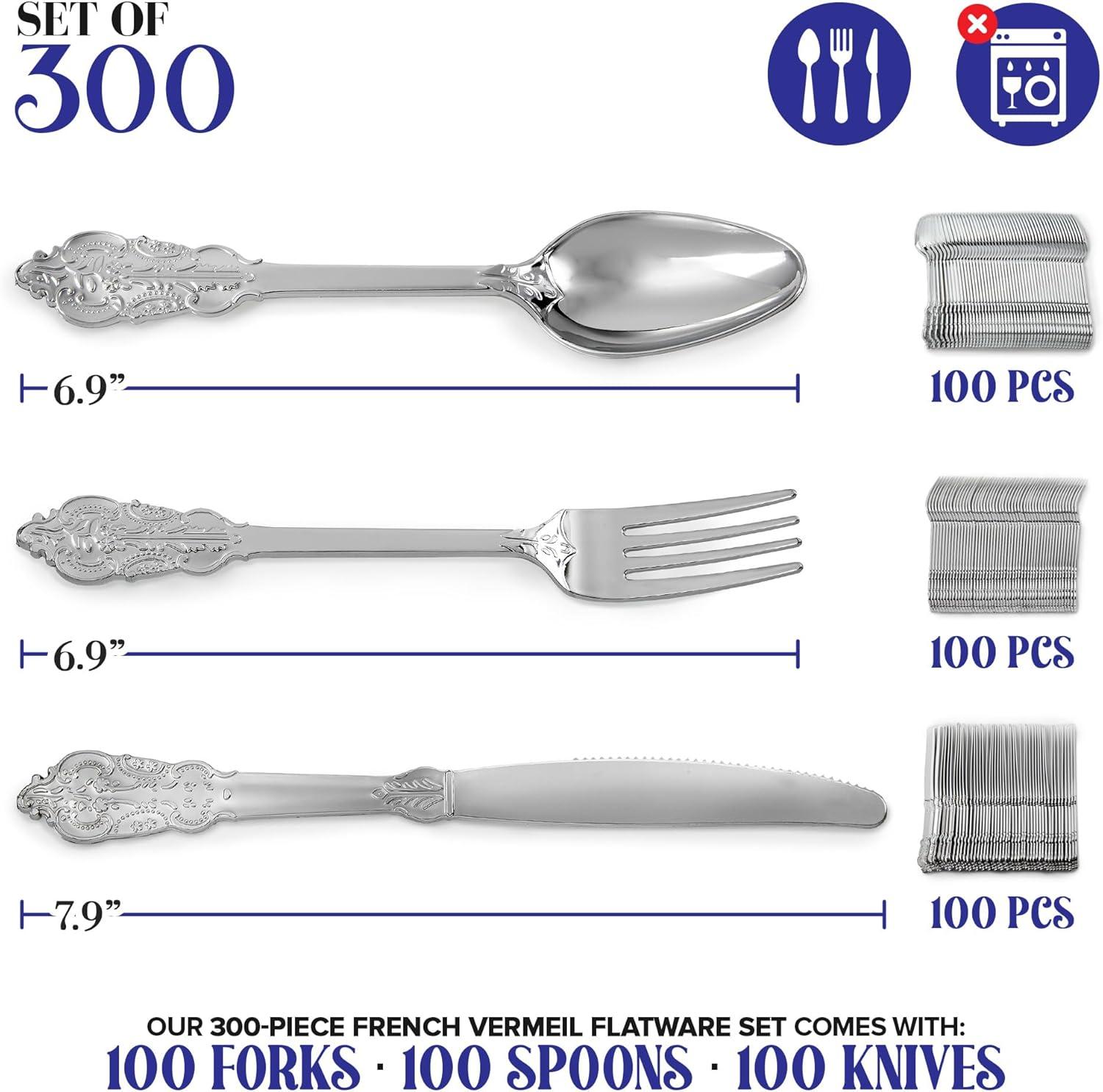 image300 Pcs Gold Plastic Silverware Set 100 Forks Spoons Knives Heavy Duty Disposable Utensils Heavyweight Cutlery Elegant Flatware for Dinner Party Wedding Holiday PartiesSilver