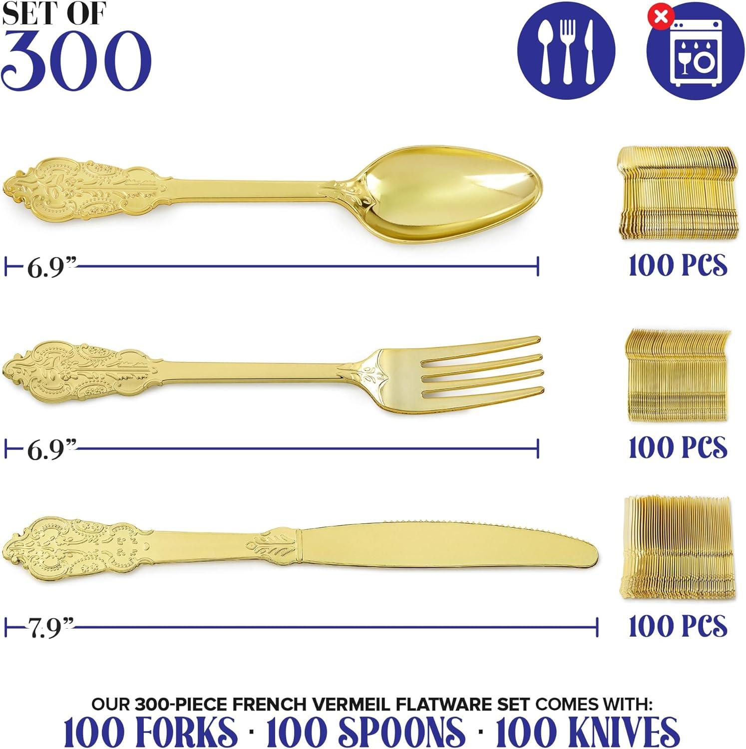 image300 Pcs Gold Plastic Silverware Set 100 Forks Spoons Knives Heavy Duty Disposable Utensils Heavyweight Cutlery Elegant Flatware for Dinner Party Wedding Holiday PartiesGold