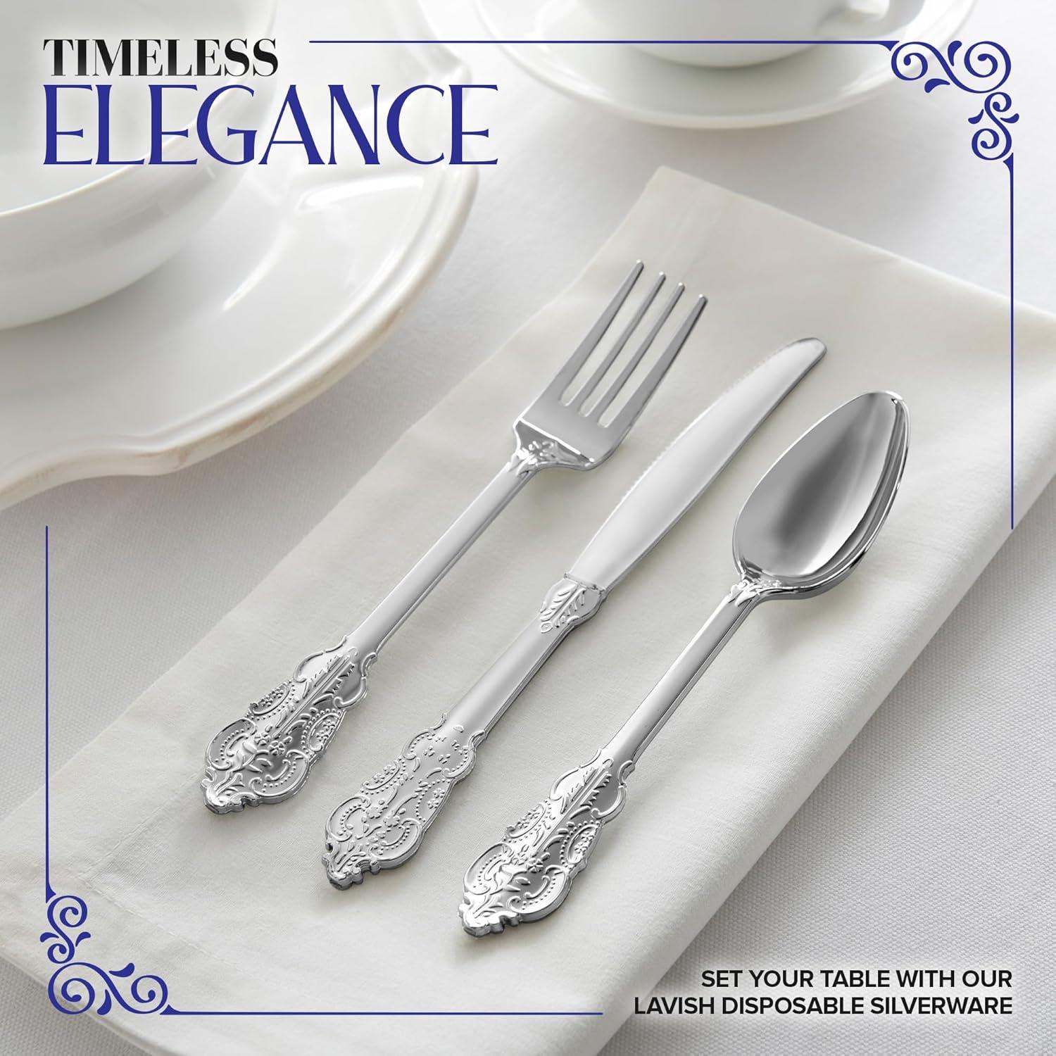 image300 Pcs Gold Plastic Silverware Set 100 Forks Spoons Knives Heavy Duty Disposable Utensils Heavyweight Cutlery Elegant Flatware for Dinner Party Wedding Holiday PartiesSilver