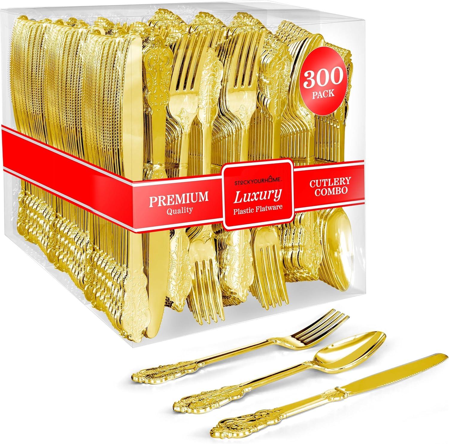 image300 Pcs Gold Plastic Silverware Set 100 Forks Spoons Knives Heavy Duty Disposable Utensils Heavyweight Cutlery Elegant Flatware for Dinner Party Wedding Holiday PartiesGold