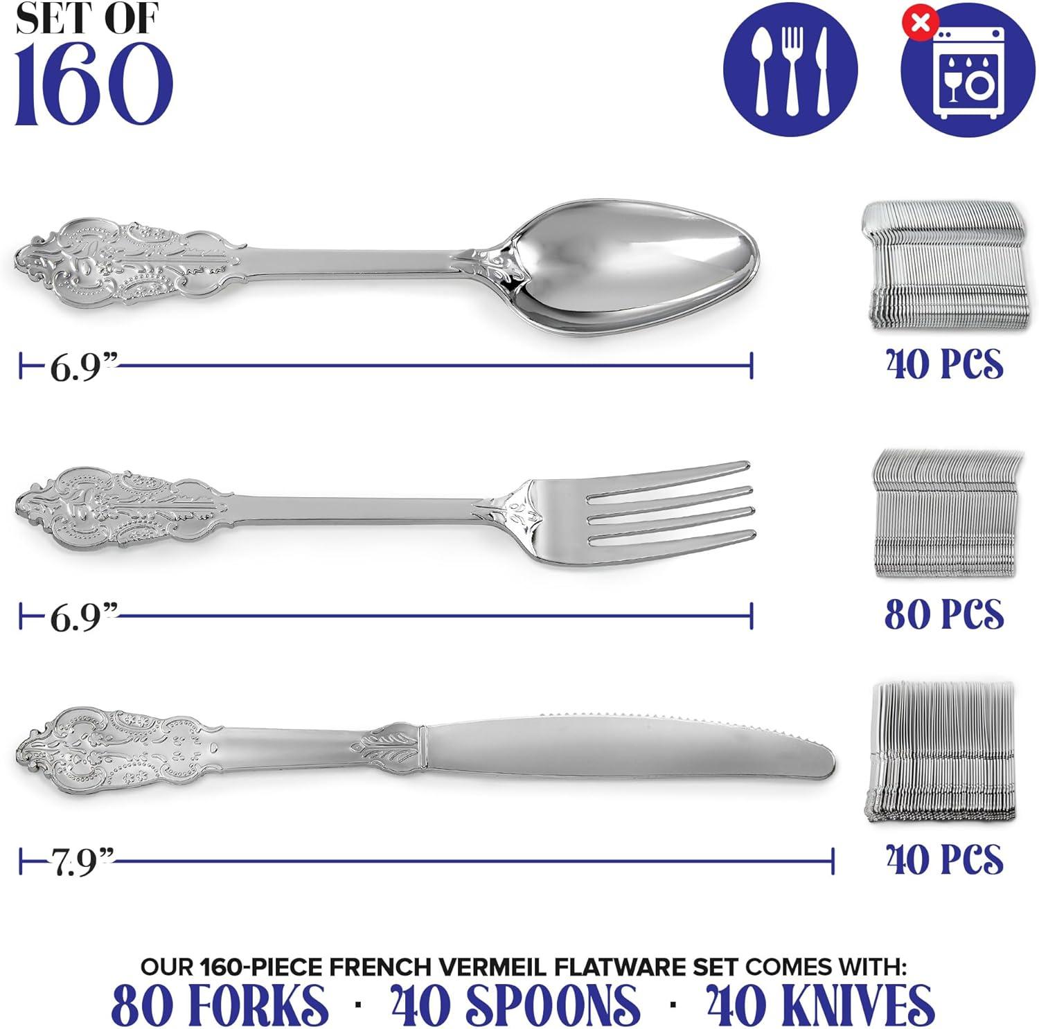 image300 Pcs Gold Plastic Silverware Set 100 Forks Spoons Knives Heavy Duty Disposable Utensils Heavyweight Cutlery Elegant Flatware for Dinner Party Wedding Holiday PartiesSilver