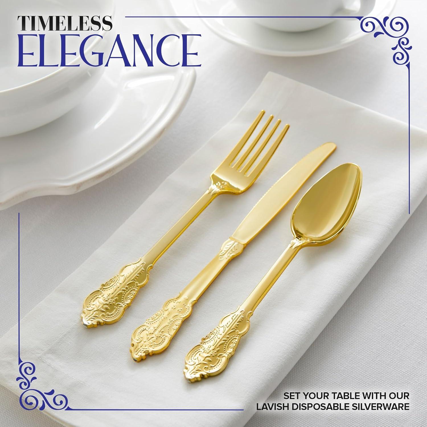 image300 Pcs Gold Plastic Silverware Set 100 Forks Spoons Knives Heavy Duty Disposable Utensils Heavyweight Cutlery Elegant Flatware for Dinner Party Wedding Holiday PartiesGold
