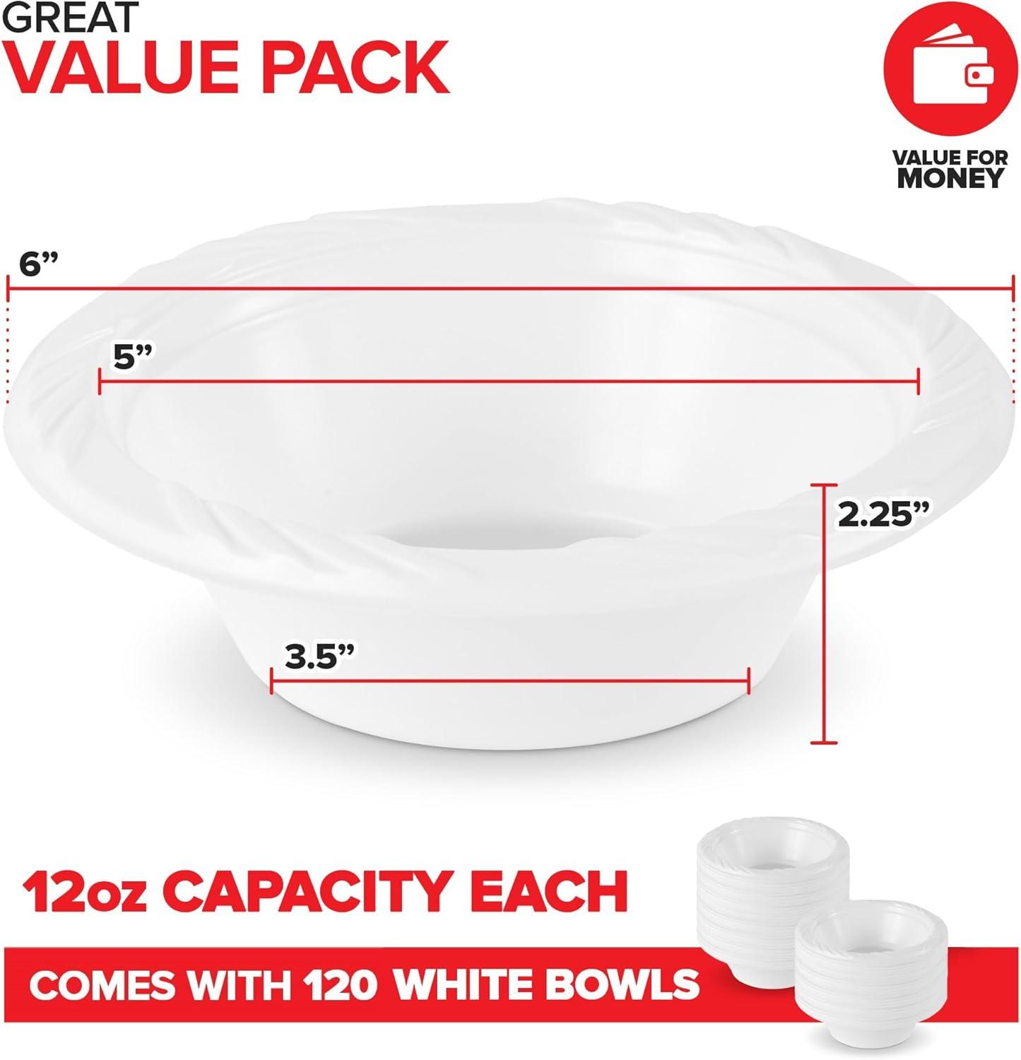 imageStock Your Home 120 Pack 12 oz Elegant White Plastic Bowls for Parties Small Disposable Bowl for Fancy Dinner or Cocktail Party Soup and Salad Thick and Sturdy120