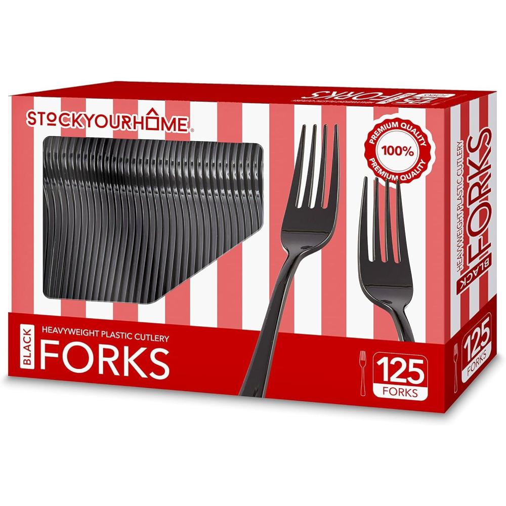 image125Count Plastic Forks Disposable Silverware for Dinner Heavy Duty Utensils Heavyweight Party Flatware Bulk Cutlery in Black Stock Your HomeBlack