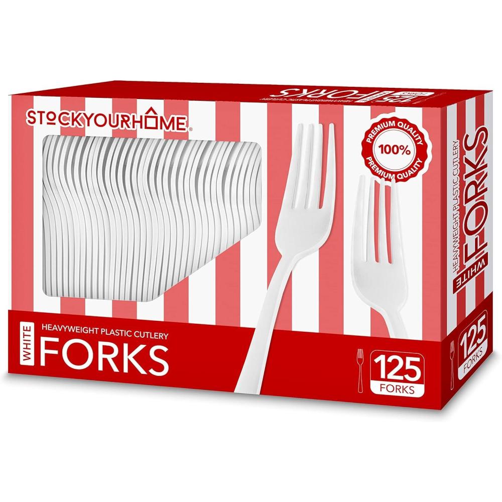 image125Count Plastic Forks Disposable Silverware for Dinner Heavy Duty Utensils Heavyweight Party Flatware Bulk Cutlery in Black Stock Your HomeWhite