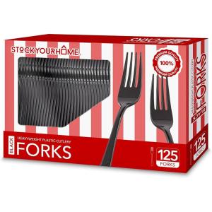 (125-Count) Plastic Forks, Disposable Silverware for Dinner, Heavy Duty Utensils, Heavyweight Party Flatware, Bulk Cutlery in Black – Stock Your Home(Black)
