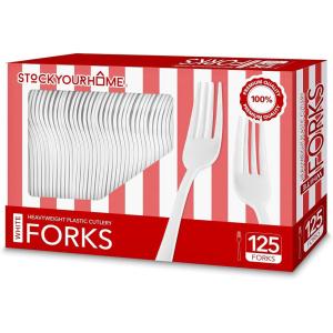 (125-Count) Plastic Forks, Disposable Silverware for Dinner, Heavy Duty Utensils, Heavyweight Party Flatware, Bulk Cutlery in Black – Stock Your Home(White)