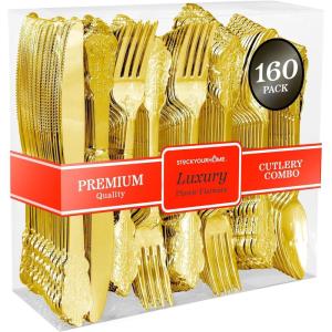 300 Pcs Gold Plastic Silverware Set – 100 Forks, Spoons, Knives, Heavy Duty Disposable Utensils, Heavyweight Cutlery, Elegant Flatware for Dinner Party, Wedding, Holiday Parties(Gold)