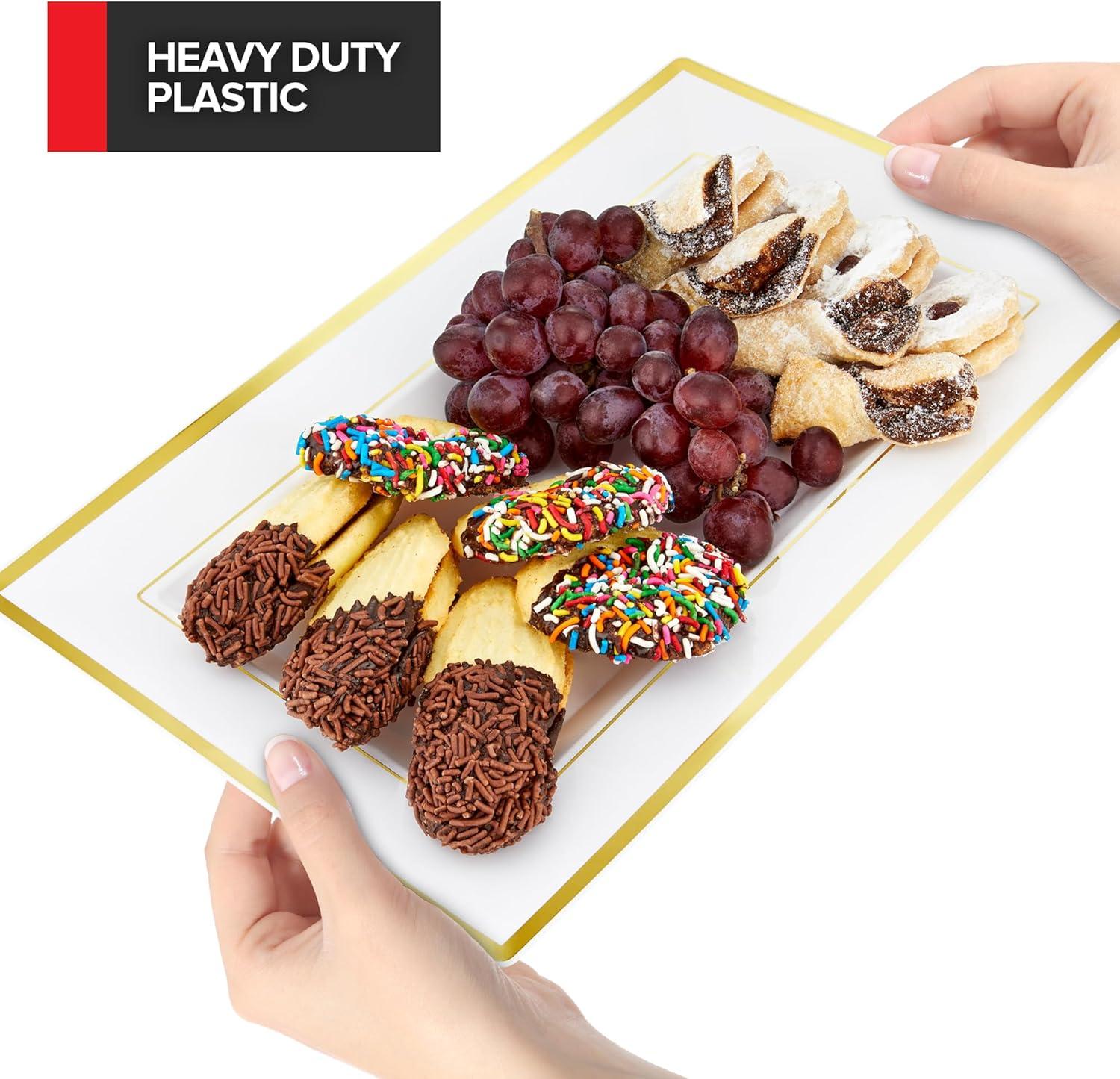 image12 Pcs Premium White and Gold Plastic Serving Tray Plastic Serving Platter Disposable White Rectangle Party Trays and Platters for Fruit Dessert Cookies Appetizers Holiday Parties6