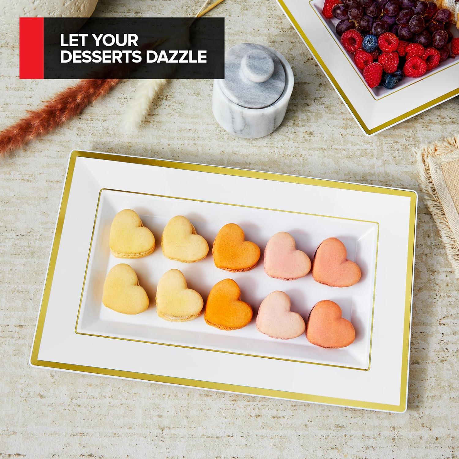 image12 Pcs Premium White and Gold Plastic Serving Tray Plastic Serving Platter Disposable White Rectangle Party Trays and Platters for Fruit Dessert Cookies Appetizers Holiday Parties6