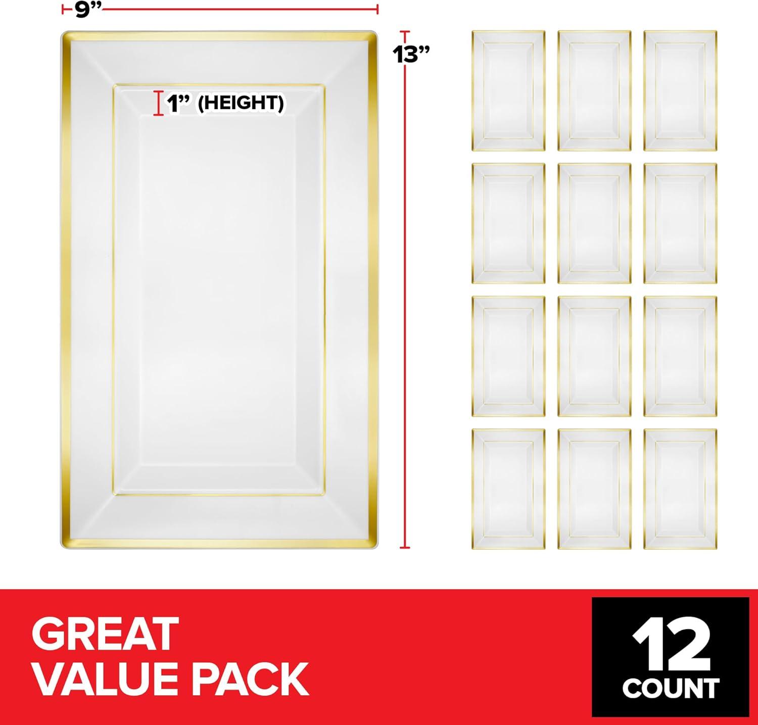 image12 Pcs Premium White and Gold Plastic Serving Tray Plastic Serving Platter Disposable White Rectangle Party Trays and Platters for Fruit Dessert Cookies Appetizers Holiday Parties120