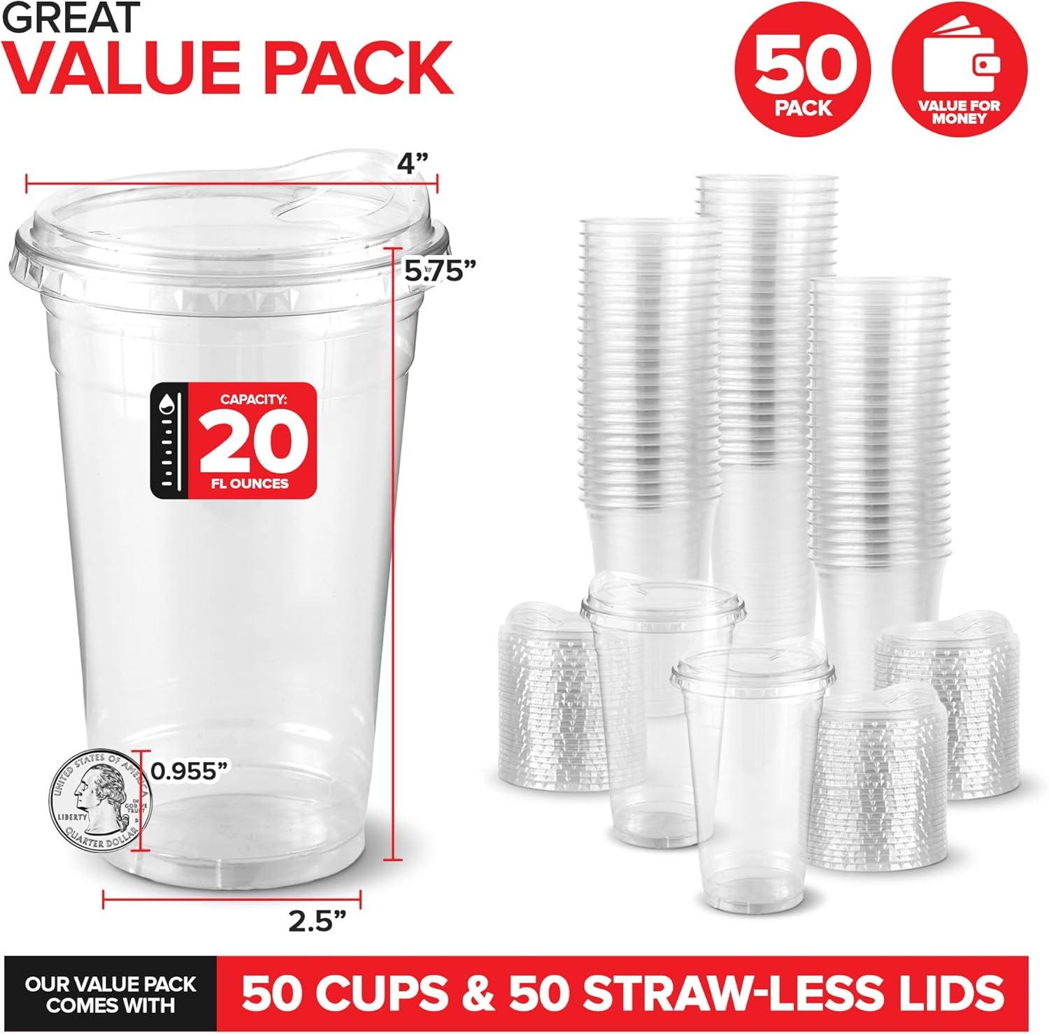 image20 oz Clear Plastic Cups with Lids Disposable Togo Drinking Cup with Strawless Sip Lid for Smoothie Cold Brew Iced Coffee Lemonade Ice Latte Boba Party Drinks Bulk 20 Ounce Set of 5020 oz