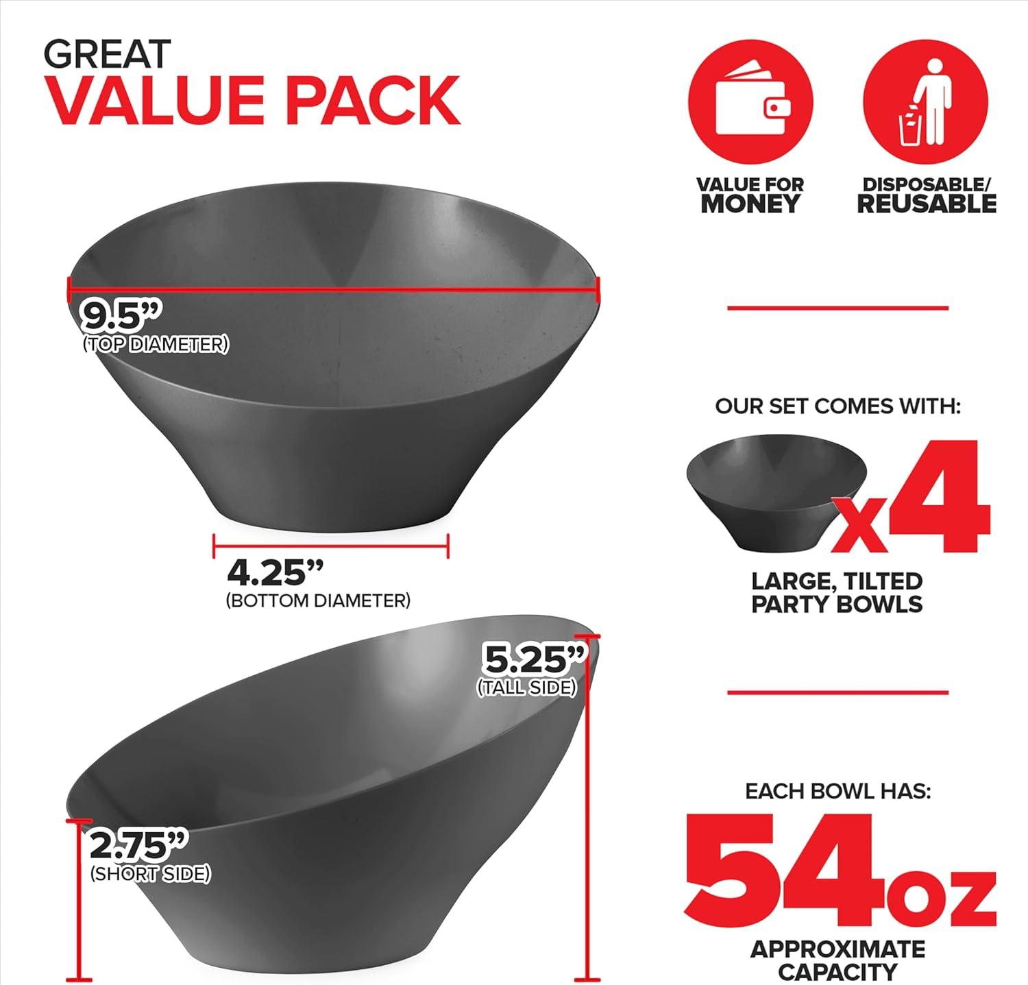 image54oz Black Plastic Serving Bowls 4 Pack Large Disposable Snack Bowl Candy Dishes Buffet Containers Chips Popcorn Snacks Punch Salad Bar Parties Office Desk Bridal Shower Party SuppliesBlack