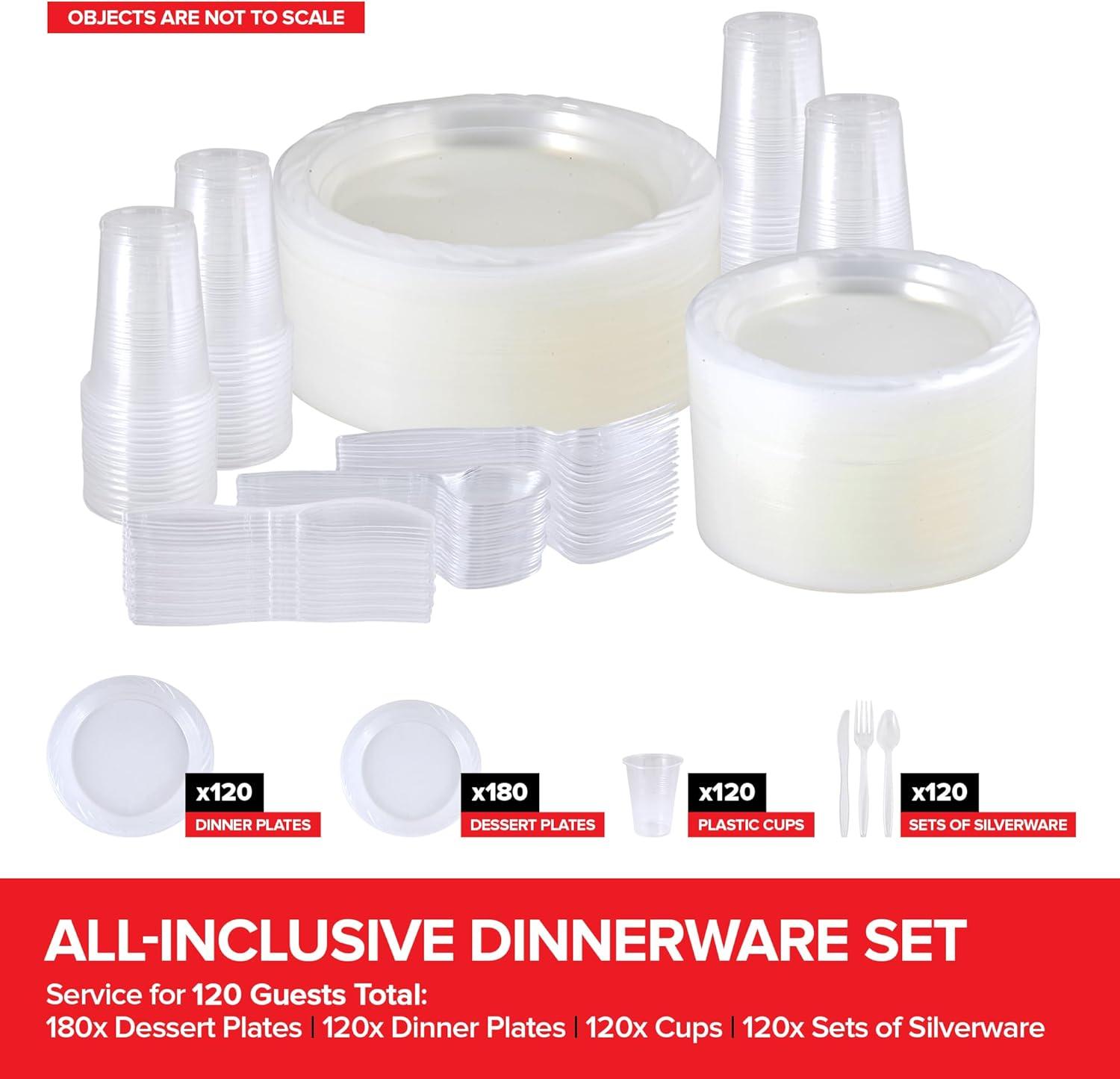 image780 Piece Clear Plastic Dinnerware Set Service for 120 Guests Heavy Duty Every Day Use Plastic Plates Cups and Utensils Disposable Dinnerware Set for Weddings Graduations and Birthday Parties