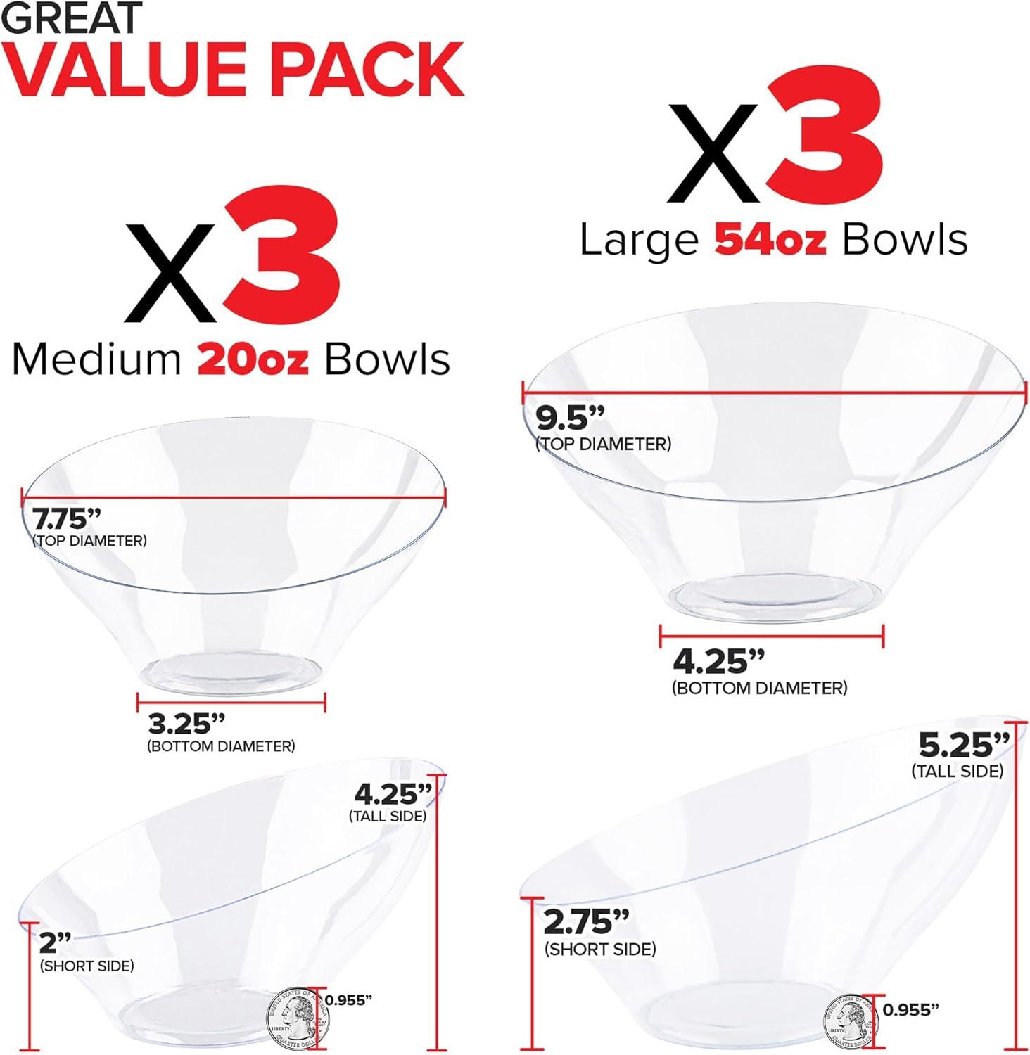 imageMultiPack Clear Plastic Serving Bowls 6 Pack 3 x 54oz Large Disposable Candy Dishes 3 x 20oz Buffet Containers Chips Popcorn Snacks Punch Salad Bar Parties Bridal Shower Party SuppliesLarge Medium