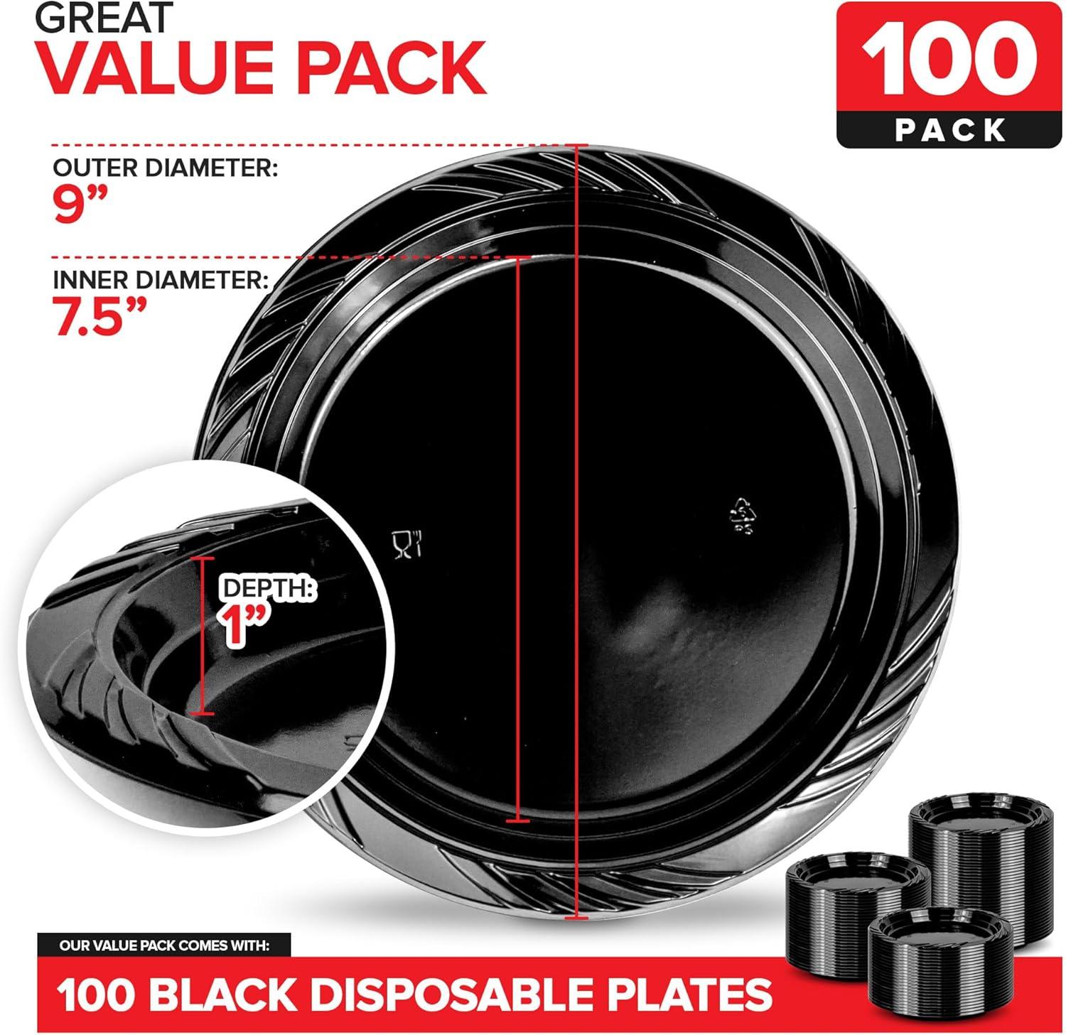 imageStock Your Home 9 Inch Black Plastic Plates 100 Count Large Disposable Black Plastic Party Plates for Dinner Parties Cake Halloween Dinnerware Supplies100