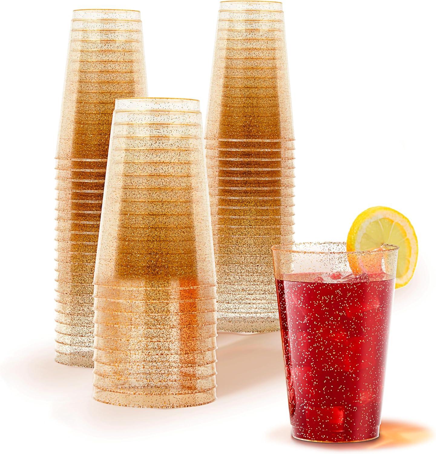imageStock Your Home 9oz Gold Glitter Plastic Cups 100 Pack Elegant Party Cups for Birthday Parties Weddings and Holidays Fancy Disposable Cocktail Glasses Clear and Gold Bulk Wine and Mimosa Cups50