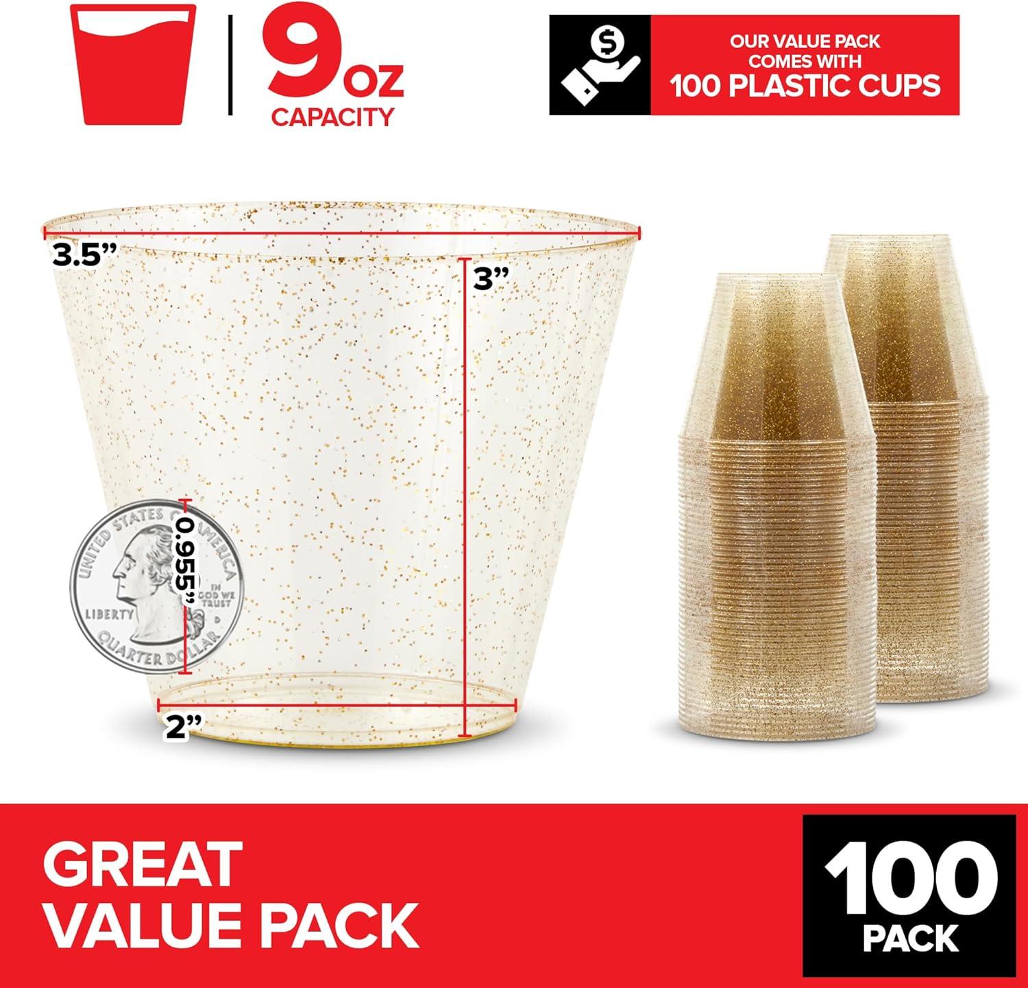 imageStock Your Home 9oz Gold Glitter Plastic Cups 100 Pack Elegant Party Cups for Birthday Parties Weddings and Holidays Fancy Disposable Cocktail Glasses Clear and Gold Bulk Wine and Mimosa Cups100