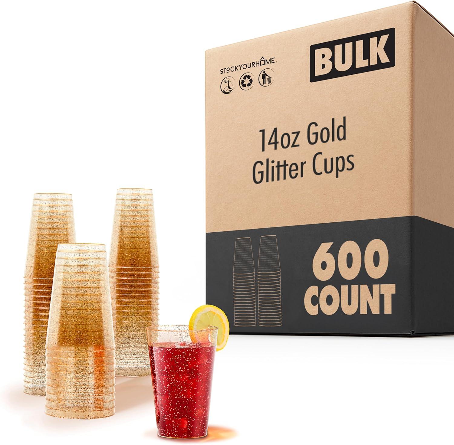 imageStock Your Home 9oz Gold Glitter Plastic Cups 100 Pack Elegant Party Cups for Birthday Parties Weddings and Holidays Fancy Disposable Cocktail Glasses Clear and Gold Bulk Wine and Mimosa Cups600