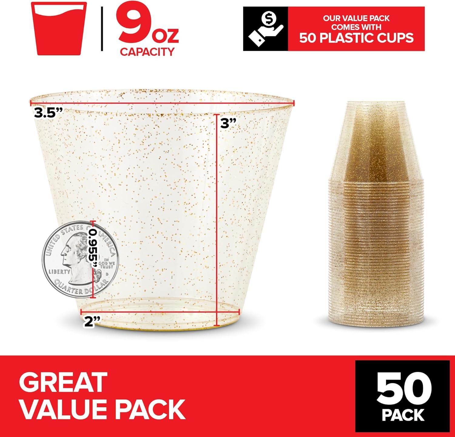 imageStock Your Home 9oz Gold Glitter Plastic Cups 100 Pack Elegant Party Cups for Birthday Parties Weddings and Holidays Fancy Disposable Cocktail Glasses Clear and Gold Bulk Wine and Mimosa Cups50