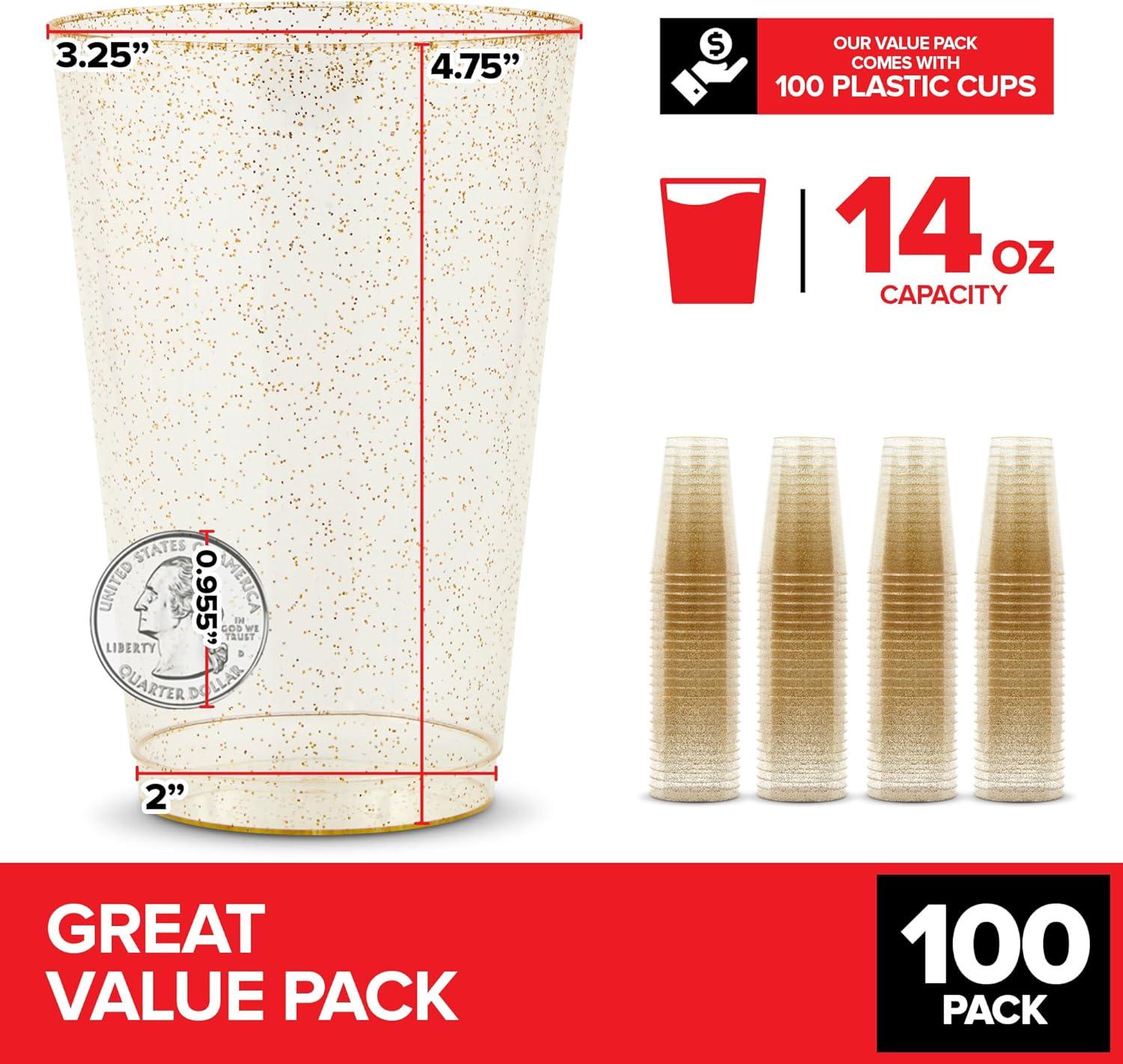 imageStock Your Home 9oz Gold Glitter Plastic Cups 100 Pack Elegant Party Cups for Birthday Parties Weddings and Holidays Fancy Disposable Cocktail Glasses Clear and Gold Bulk Wine and Mimosa Cups100