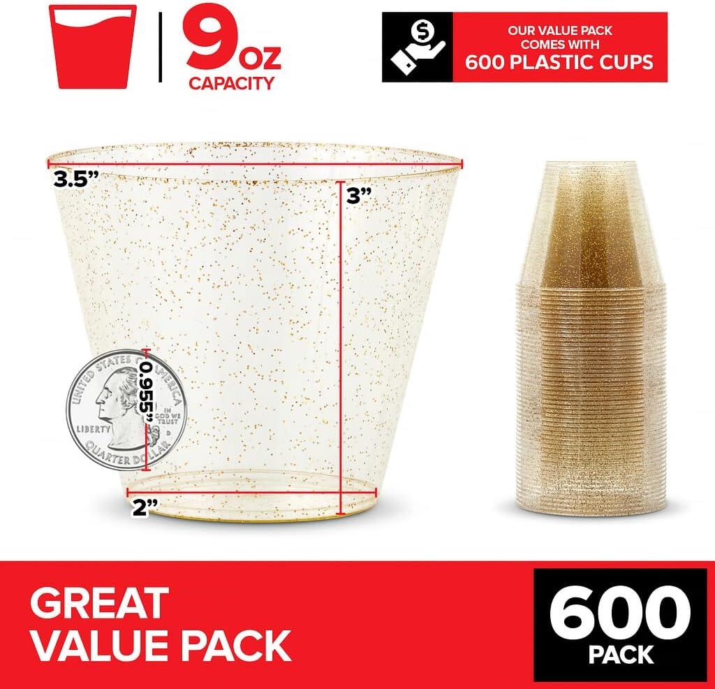 imageStock Your Home 9oz Gold Glitter Plastic Cups 100 Pack Elegant Party Cups for Birthday Parties Weddings and Holidays Fancy Disposable Cocktail Glasses Clear and Gold Bulk Wine and Mimosa Cups600