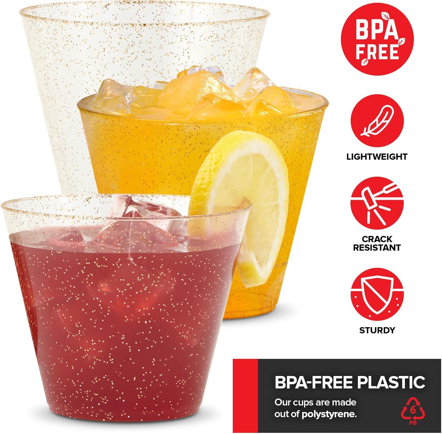 imageStock Your Home 9oz Gold Glitter Plastic Cups 100 Pack Elegant Party Cups for Birthday Parties Weddings and Holidays Fancy Disposable Cocktail Glasses Clear and Gold Bulk Wine and Mimosa Cups50