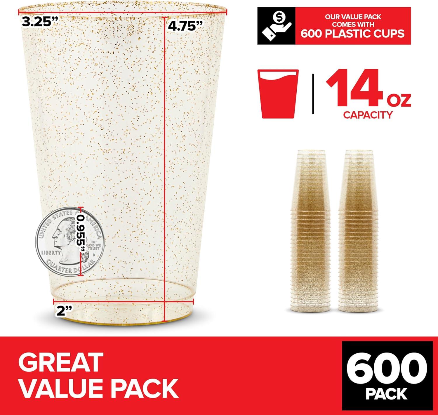 imageStock Your Home 9oz Gold Glitter Plastic Cups 100 Pack Elegant Party Cups for Birthday Parties Weddings and Holidays Fancy Disposable Cocktail Glasses Clear and Gold Bulk Wine and Mimosa Cups600